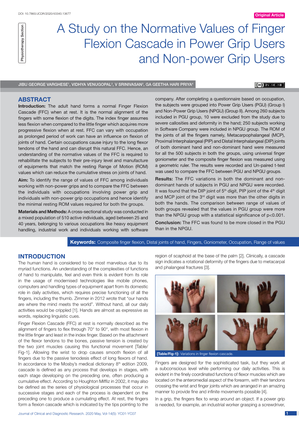 A Study on the Normative Values of Finger Flexion Cascade in Power Grip Users and Non-Power Grip Users