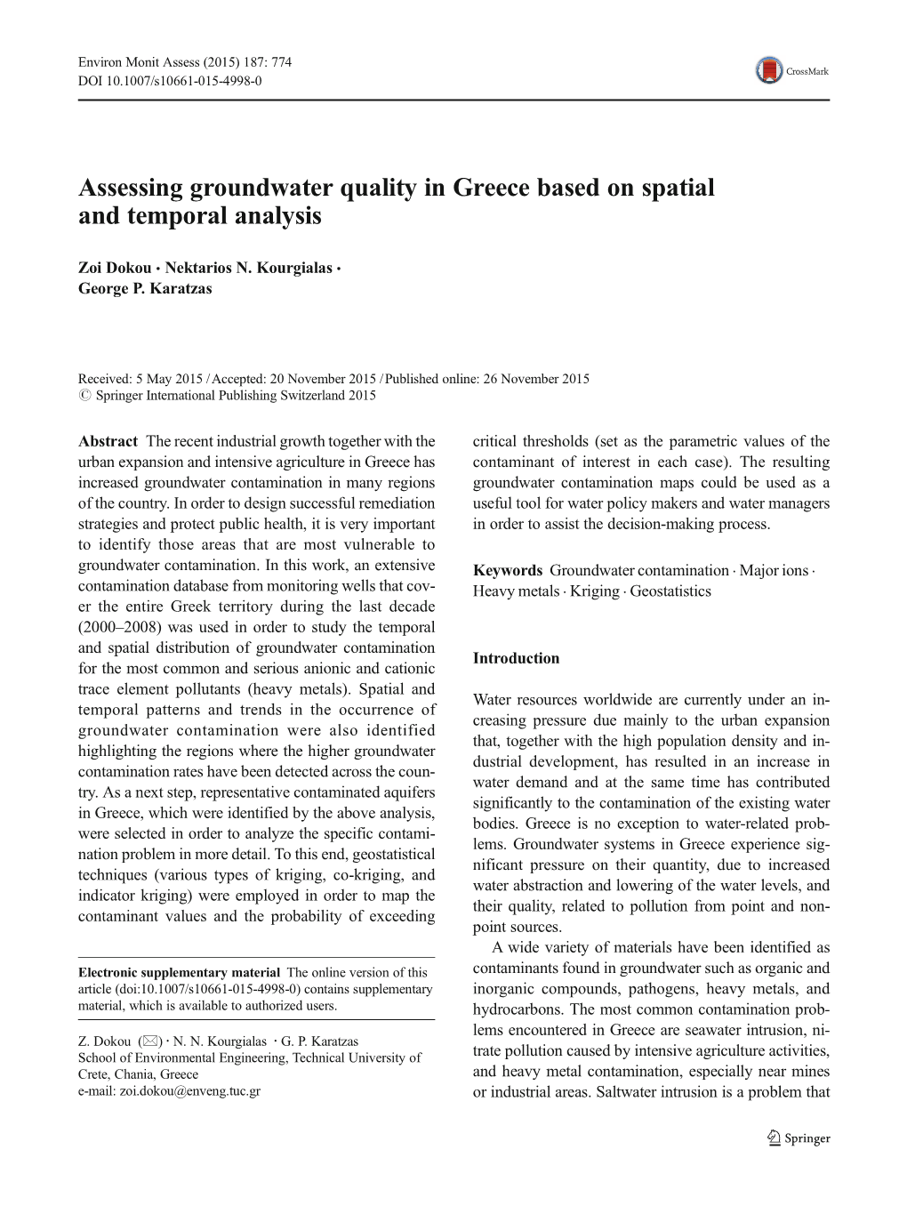 Assessing Groundwater Quality in Greece Based on Spatial and Temporal Analysis