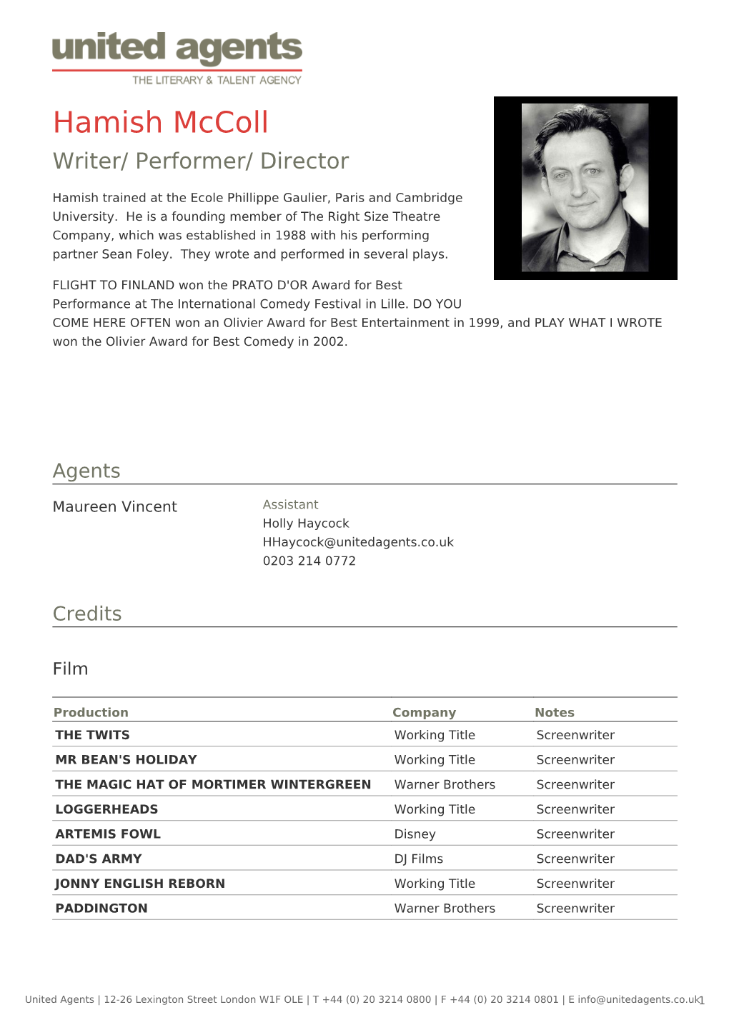 Hamish Mccoll Writer/ Performer/ Director