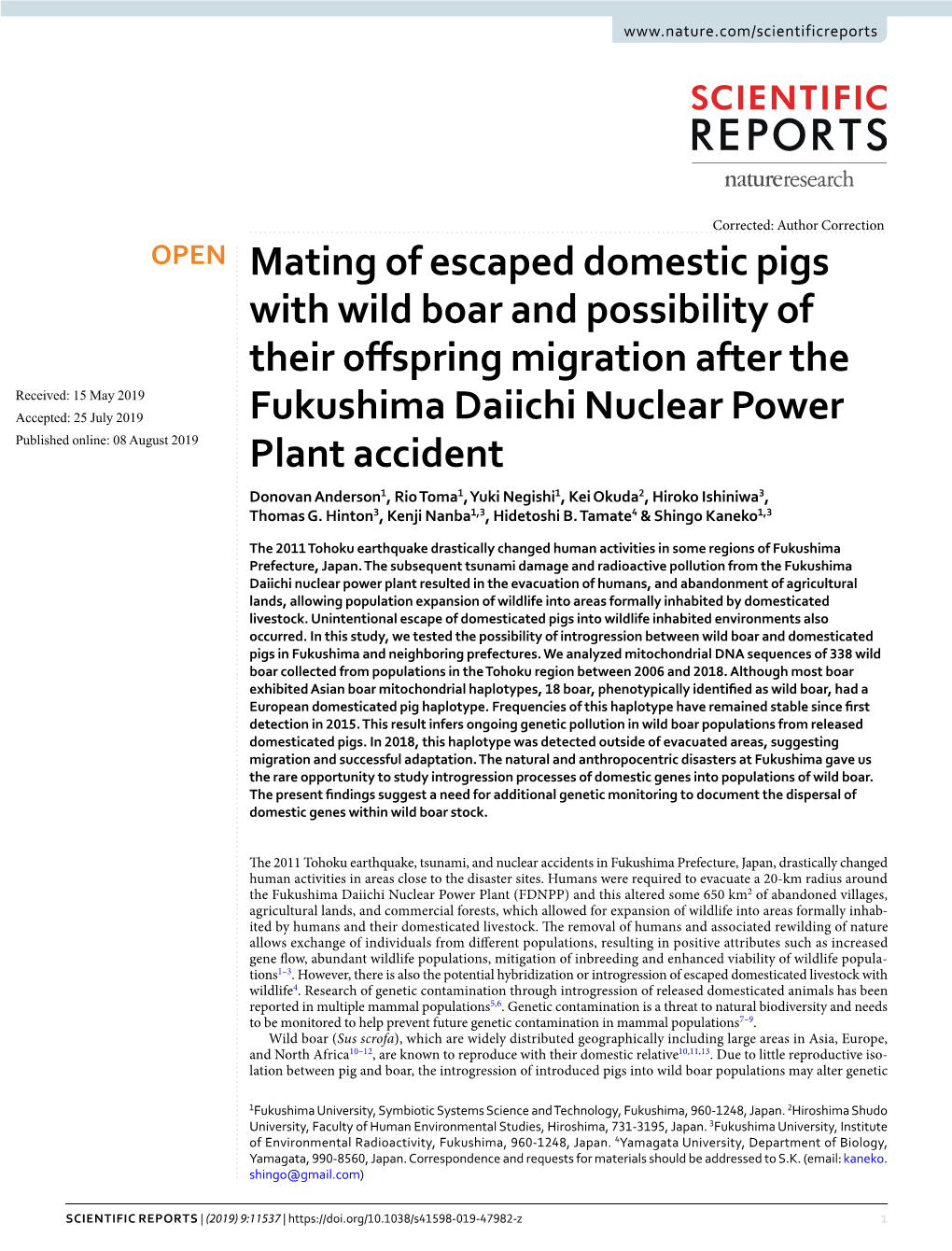 Mating of Escaped Domestic Pigs with Wild Boar and Possibility of Their Offspring Migration After the Fukushima Daiichi Nuclear