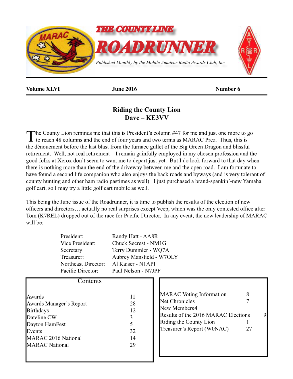 ROADRUNNER Published Monthly by the Mobile Amateur Radio Awards Club, Inc