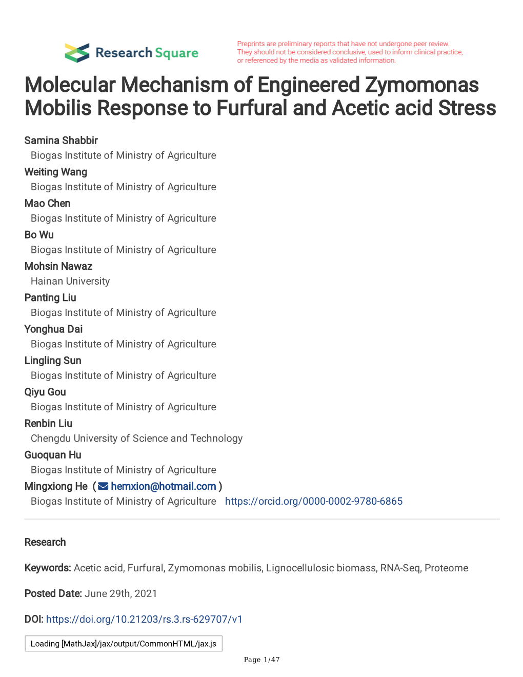 Molecular Mechanism of Engineered Zymomonas Mobilis Response to Furfural and Acetic Acid Stress