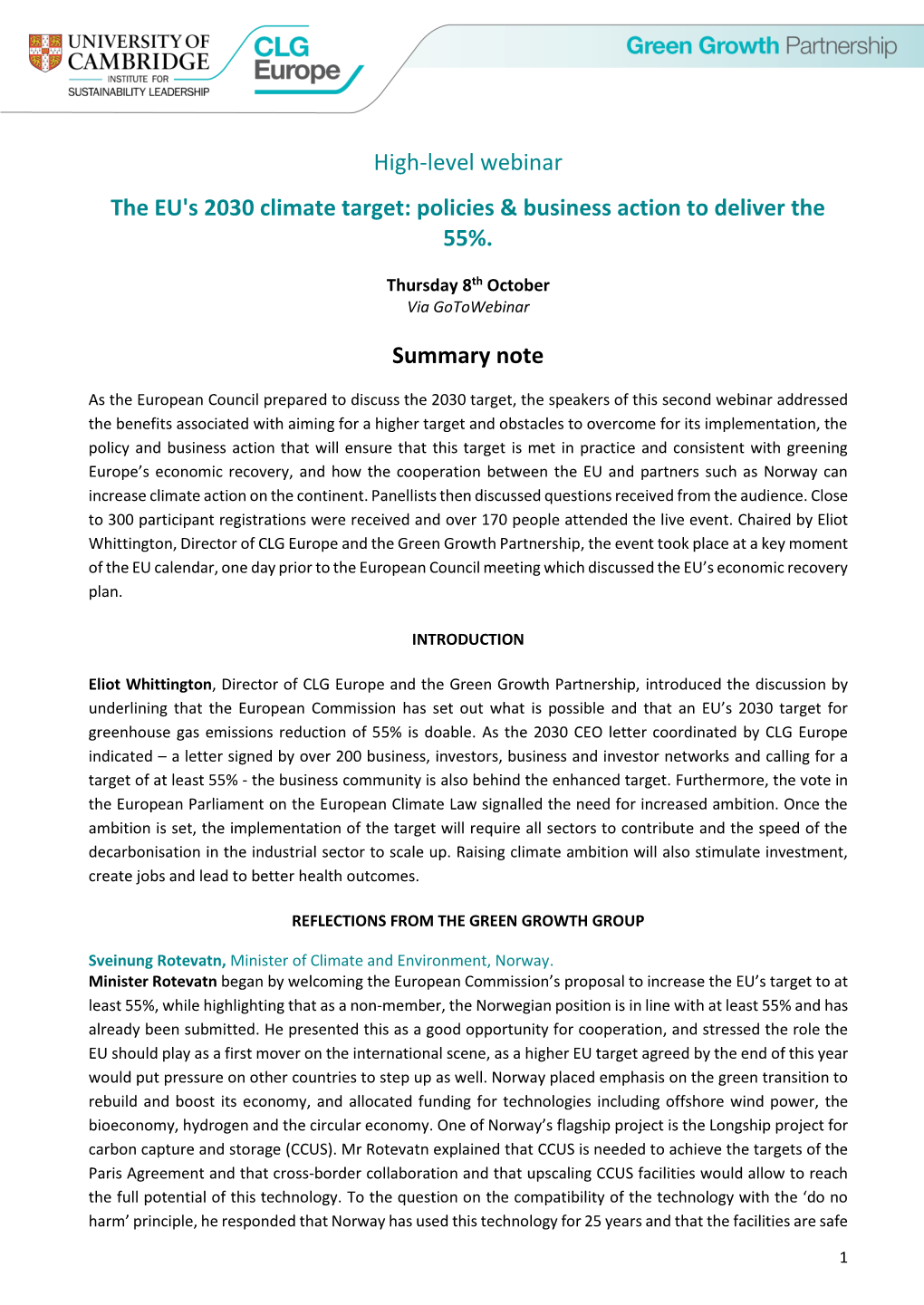 High-Level Webinar the EU's 2030 Climate Target: Policies & Business