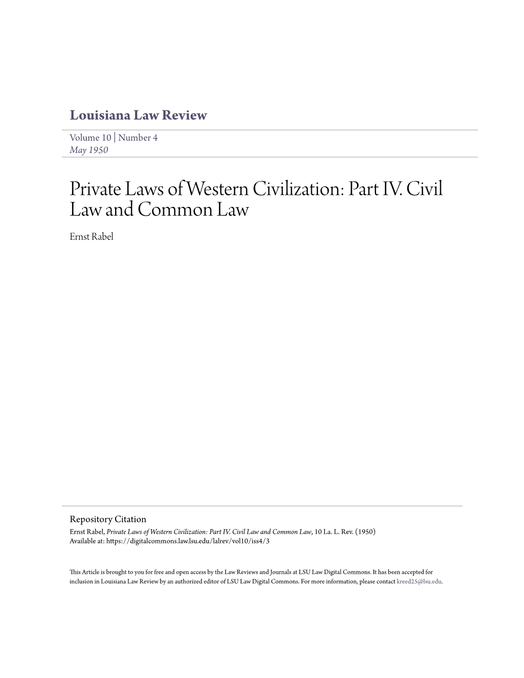 Private Laws of Western Civilization: Part IV. Civil Law and Common Law Ernst Rabel