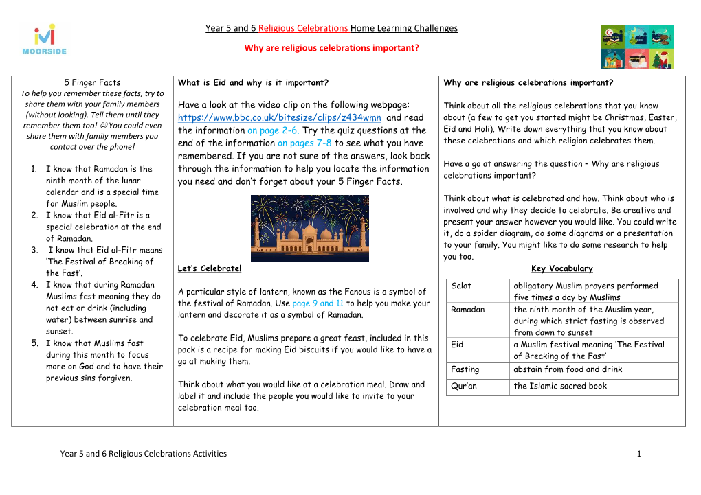 Year 5 and 6 Religious Celebrations Home Learning Challenges Why