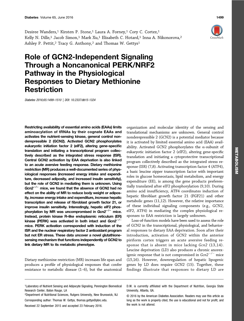 Role of GCN2-Independent Signaling Through a Noncanonical PERK/NRF2 Pathway in the Physiological Responses to Dietary Methionine Restriction