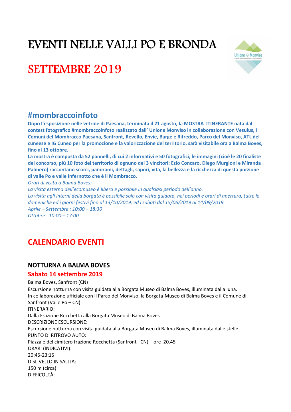 SETTEMBRE 2019 Eventi in Valle Po Agg.To 13.09