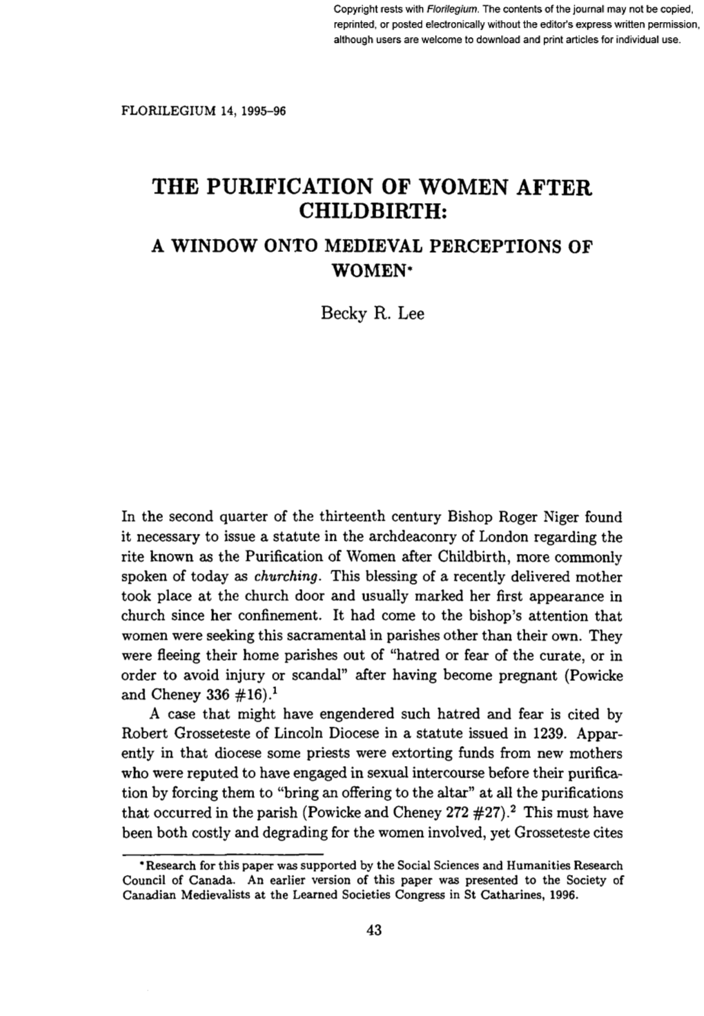 The Purification of Women After Childbirth: a Window Onto Medieval Perceptions of Women’