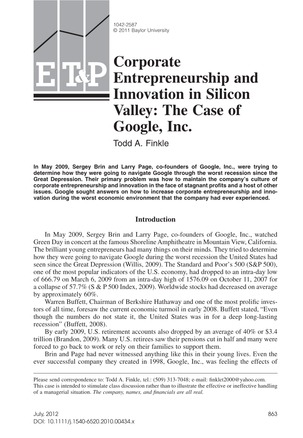 Corporate Entrepreneurship and Innovation in Silicon Valley: the Case of Google, Inc