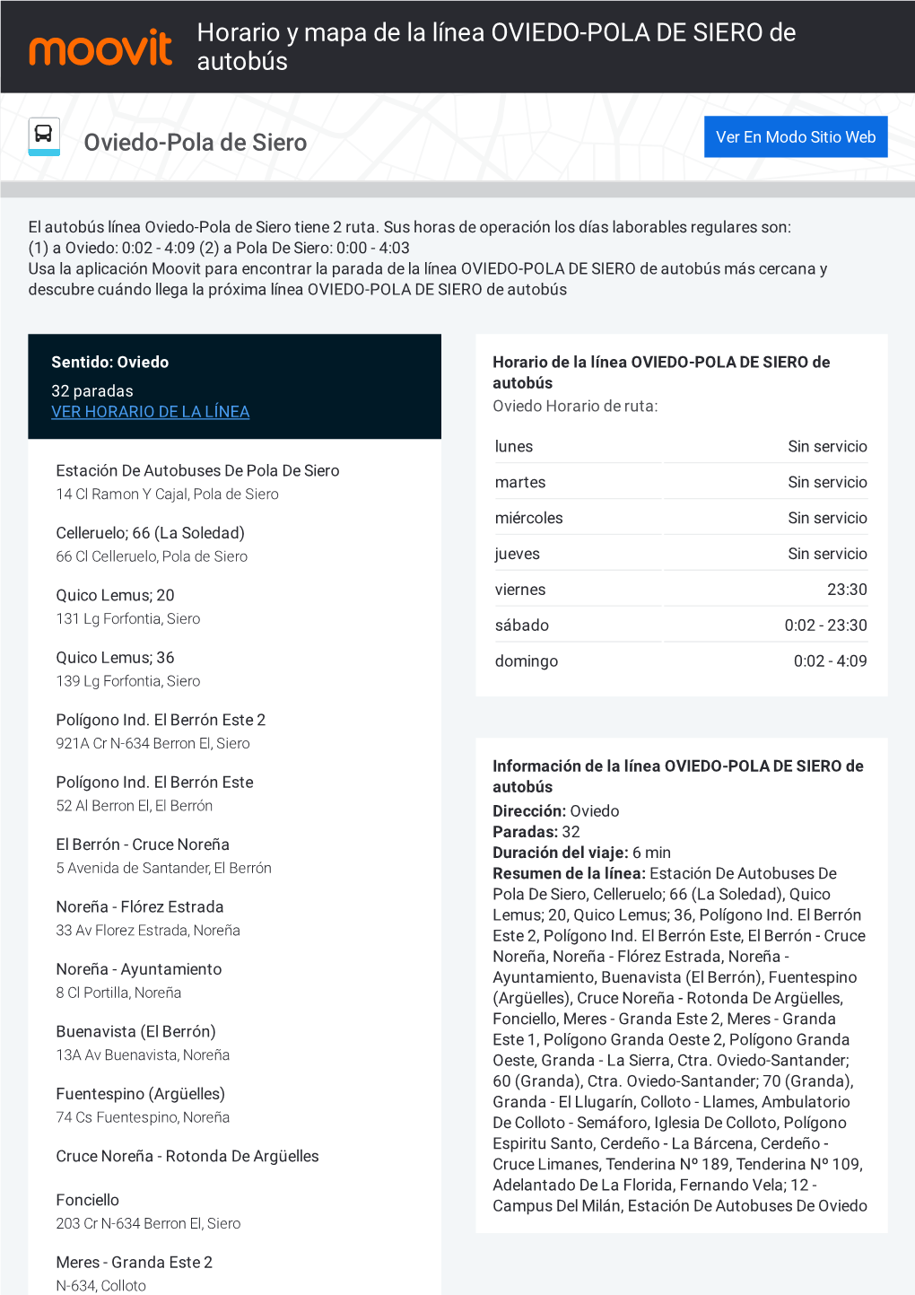 Horario Y Mapa De La Ruta OVIEDO-POLA DE SIERO De Autobús