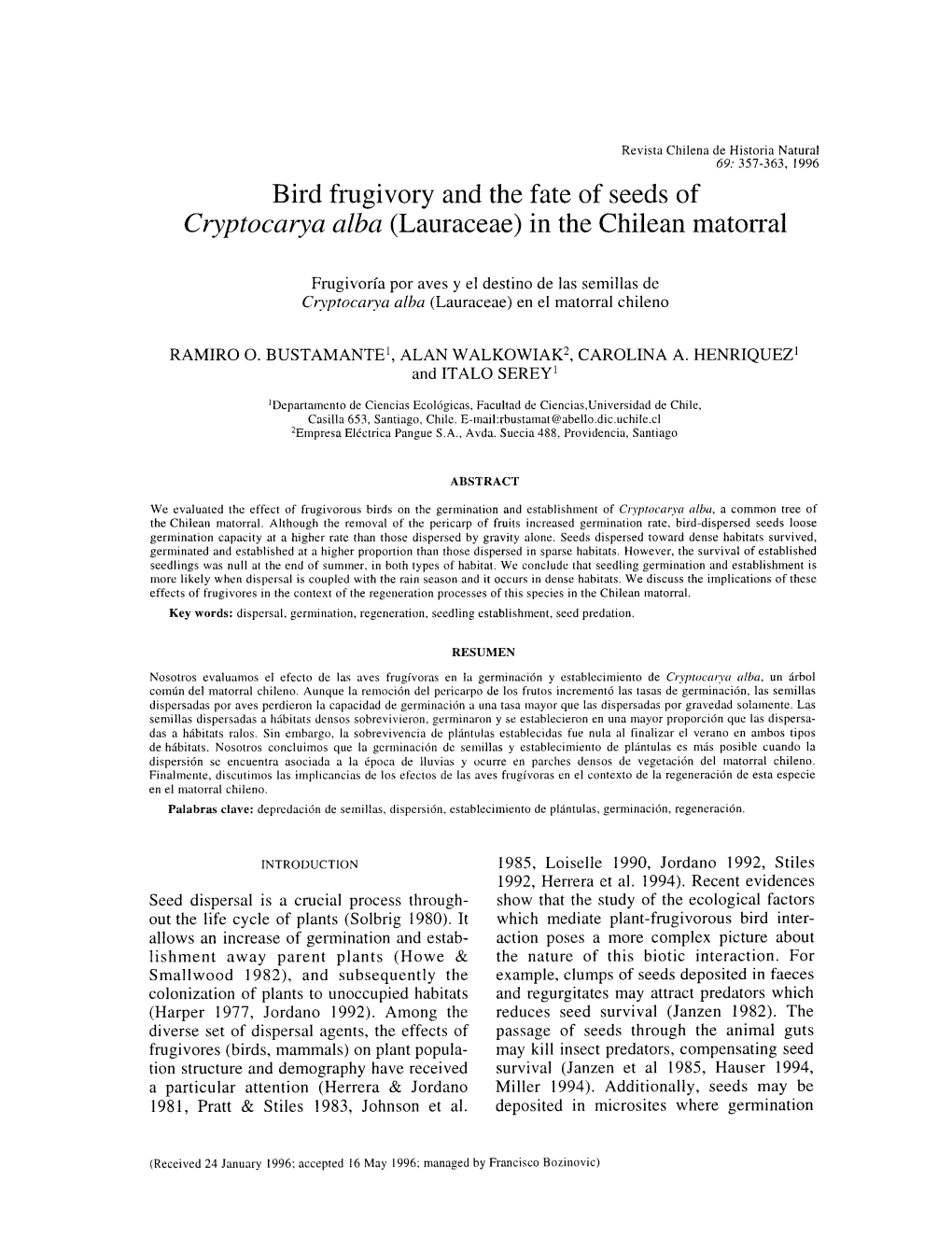 Bird Frugivory and the Fate of Seeds of Cryptocarya Alba (Lauraceae) in the Chilean Matorral