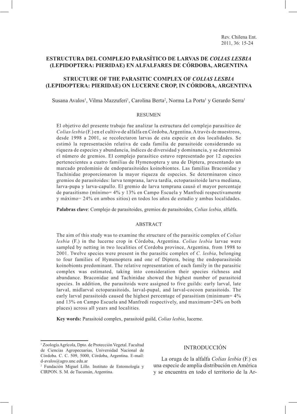 Estructura Del Complejo Parasítico De Larvas De Colias Lesbia (Lepidoptera: Pieridae) En Alfalfares De Córdoba, Argentina