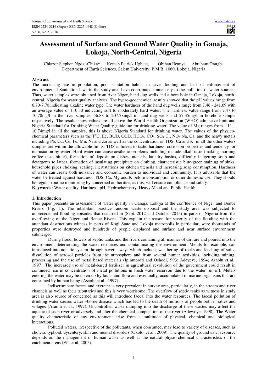 Assessment of Surface and Ground Water Quality in Ganaja, Lokoja, North-Central, Nigeria