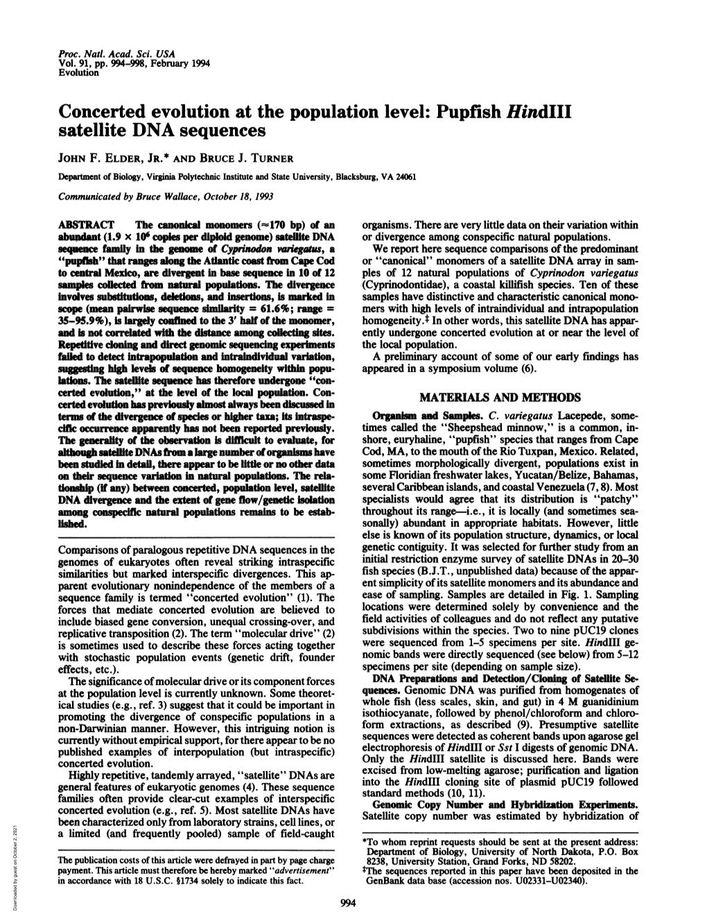 Concerted Evolution at the Population Level: Pupfish Hindill Satellite DNA Sequences JOHN F