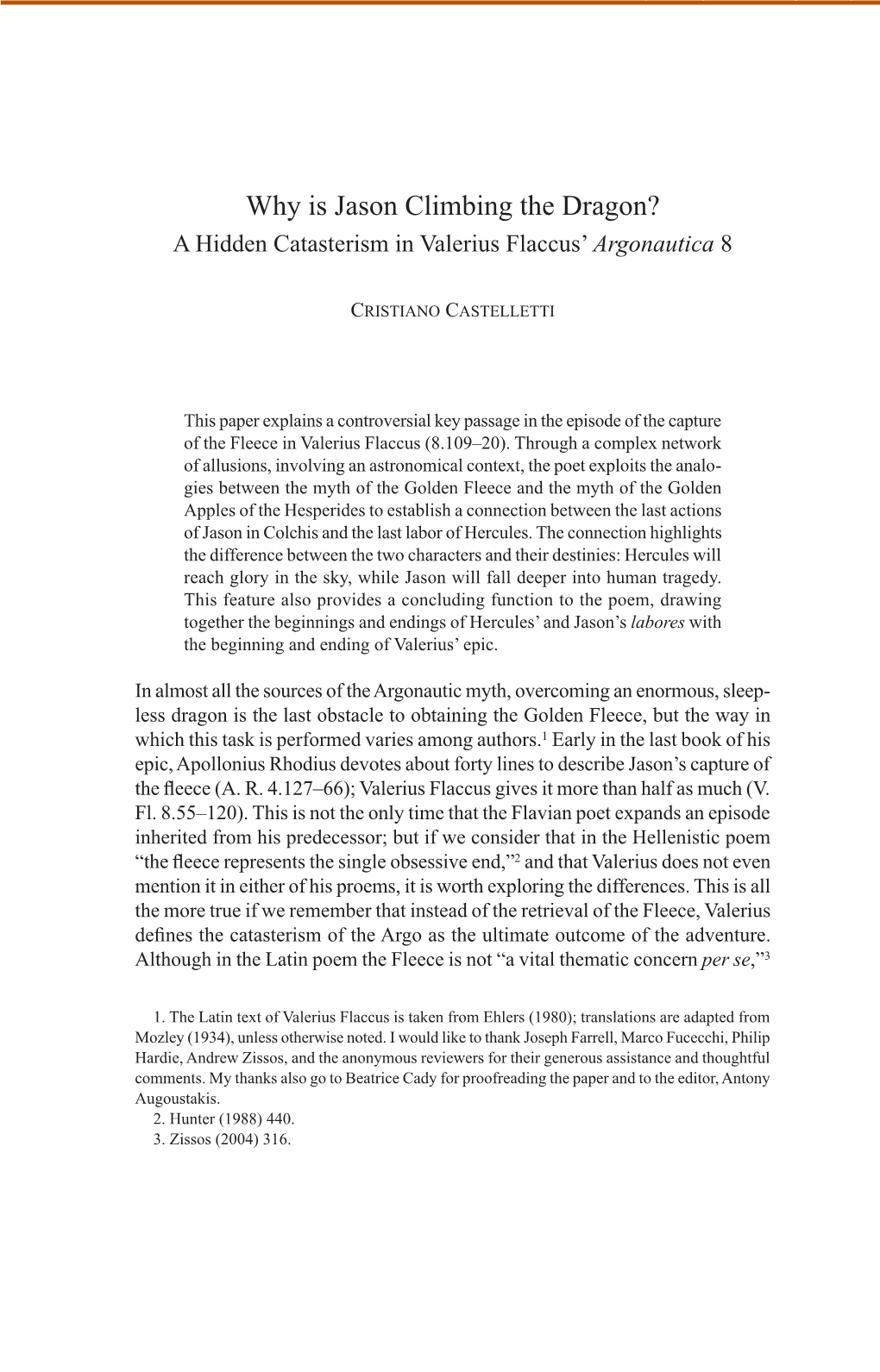 Why Is Jason Climbing the Dragon? a Hidden Catasterism in Valerius Flaccus’ Argonautica 8