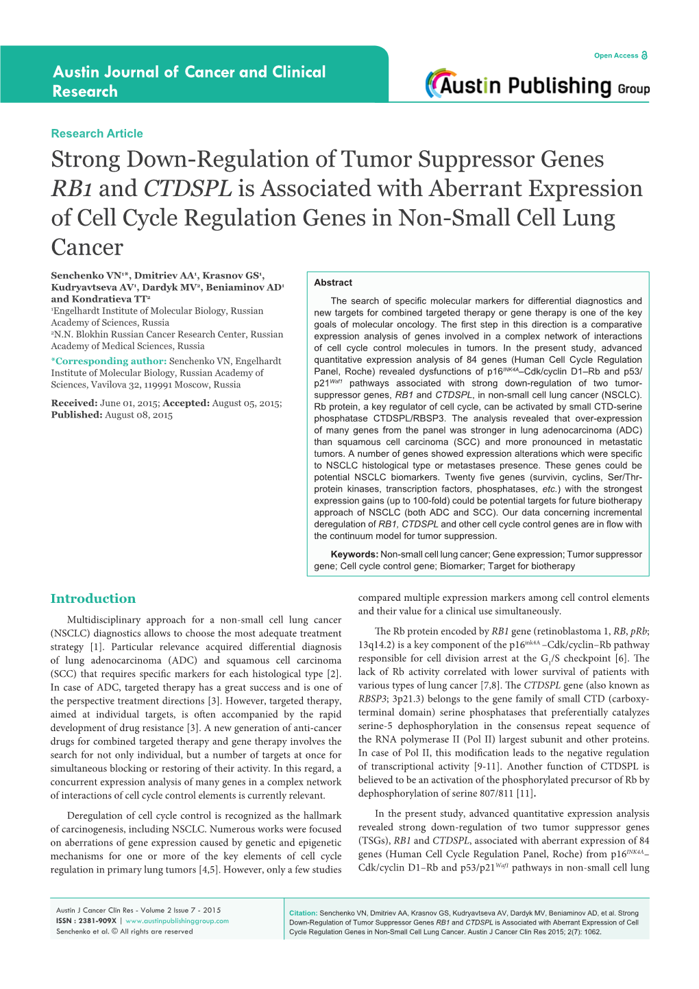 Strong Down-Regulation of Tumor Suppressor Genes RB1 and CTDSPL Is Associated with Aberrant Expression of Cell Cycle Regulation Genes in Non-Small Cell Lung Cancer