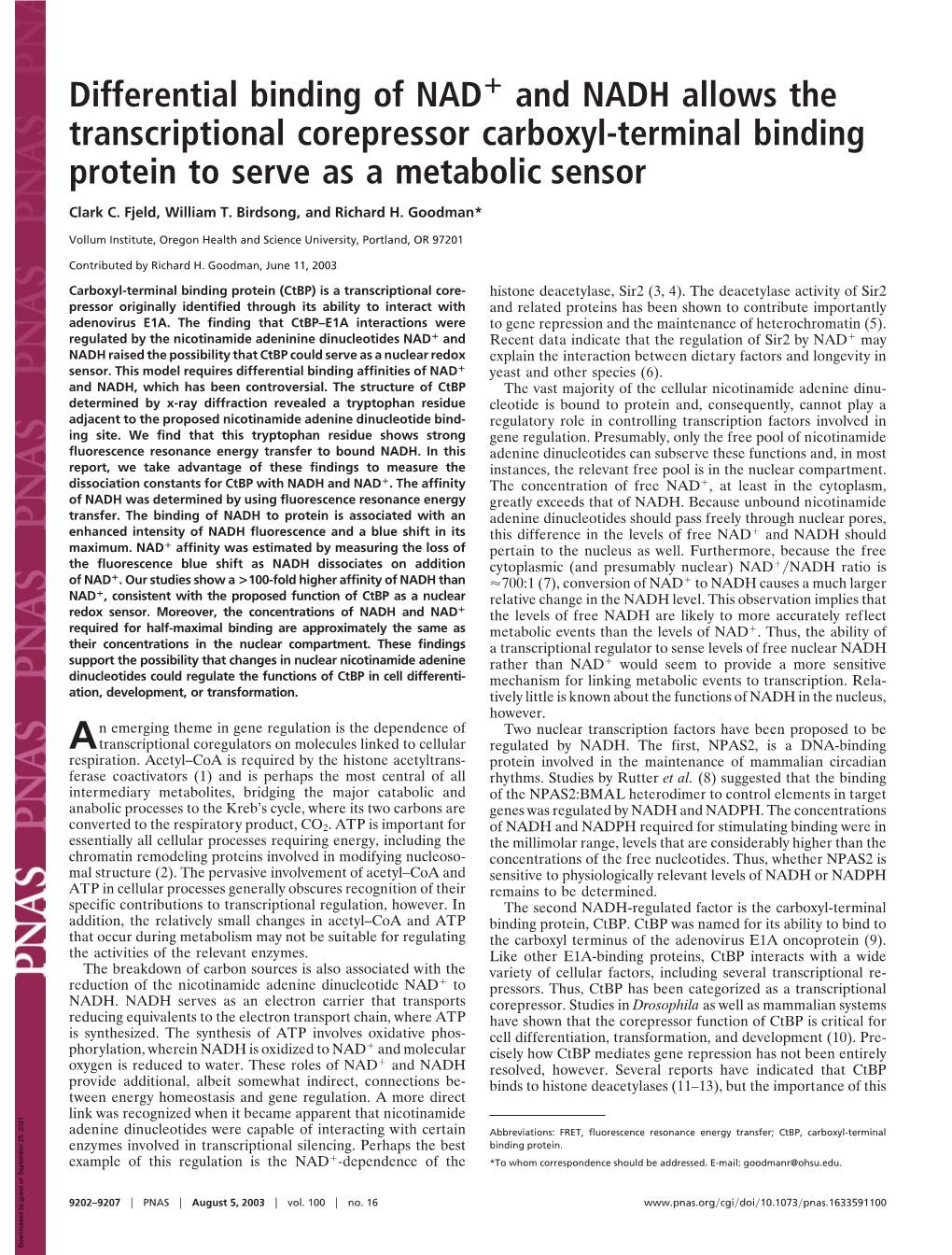 And NADH Allows the Transcriptional Corepressor Carboxyl-Terminal Binding Protein to Serve As a Metabolic Sensor