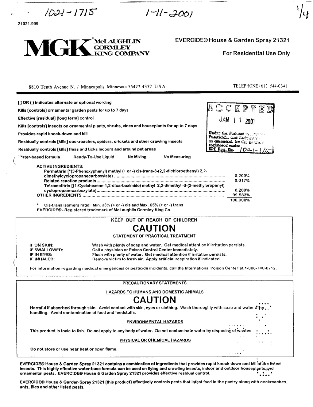 U.S. EPA, Pesticide Product Label, EVERCIDE HOUSE & GARDEN