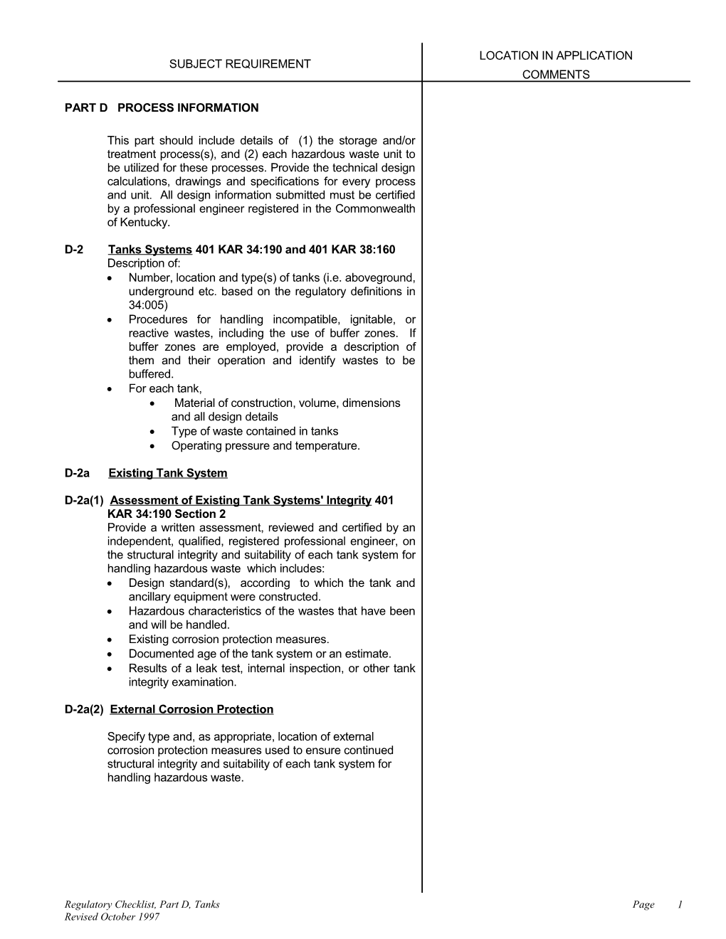 Regulatory Checklist, Part D, Tanks Page