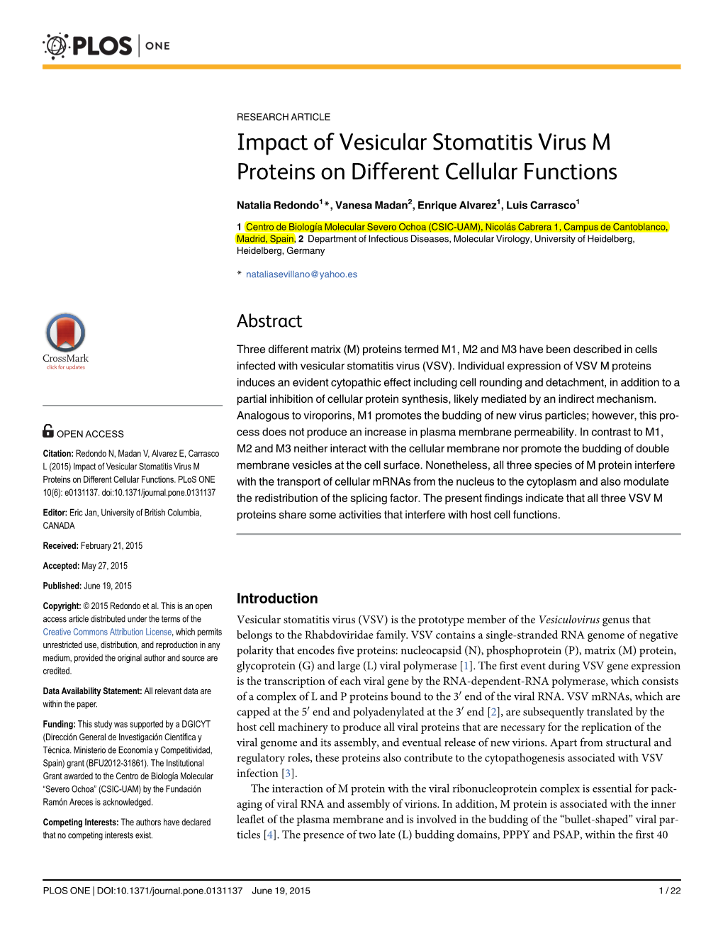 Impact of Vesicular Stomatitis Virus M Proteins on Different Cellular Functions