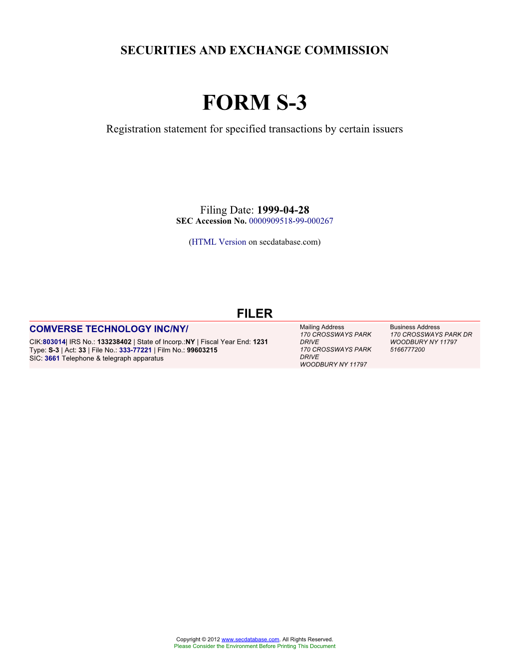 COMVERSE TECHNOLOGY INC/NY/ (Form: S-3, Filing Date: 04/28/1999)