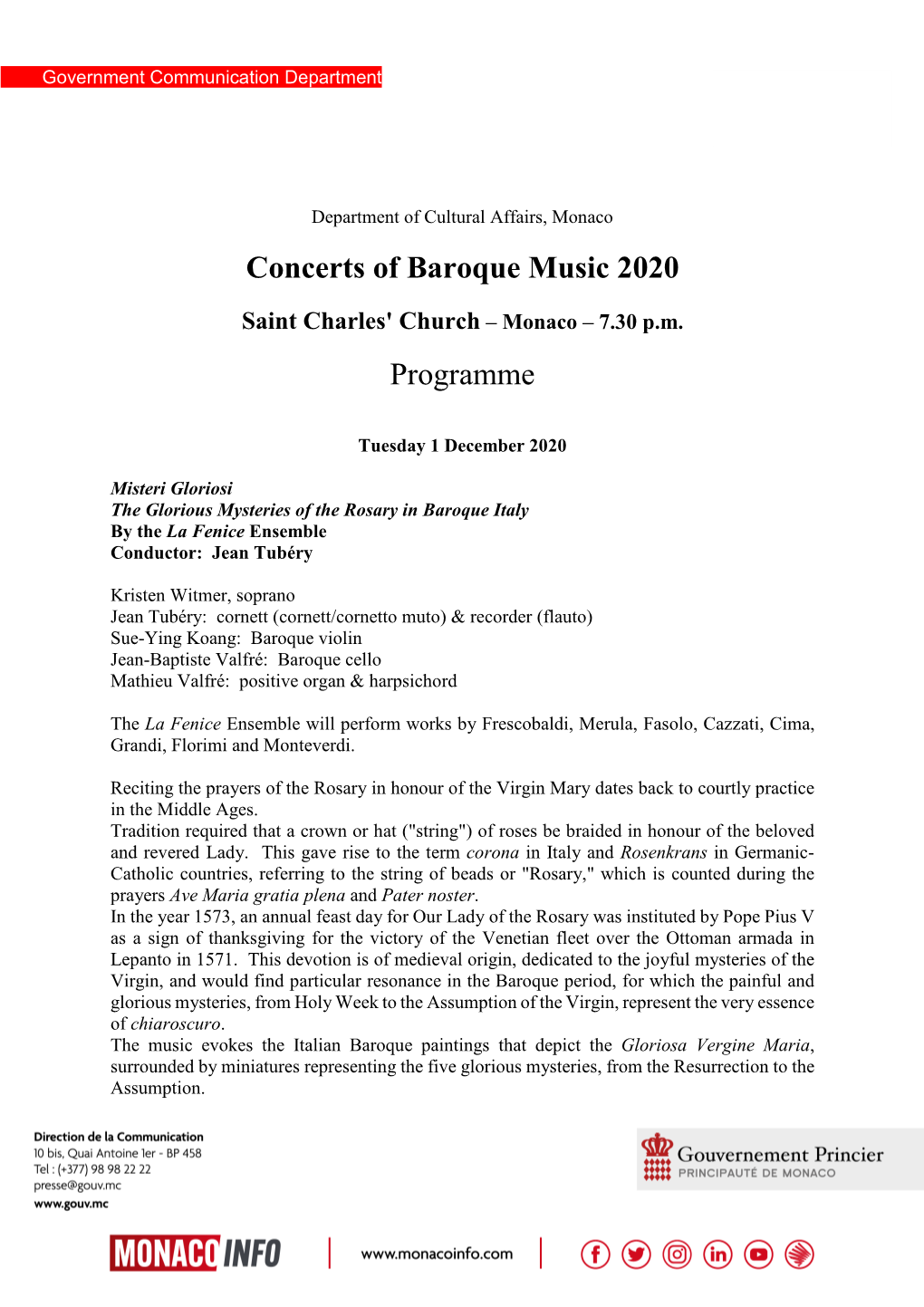 Concerts of Baroque Music 2020 Programme