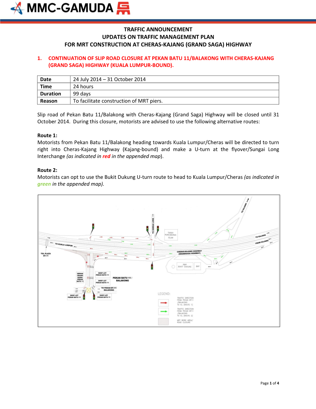 Traffic Announcement Updates on Traffic Management Plan for Mrt Construction at Cheras-Kajang (Grand Saga) Highway