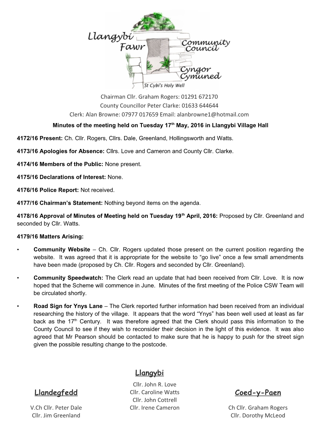 Agenda for the Meeting on Tuesday 15Th January 2012 in Llangybi Village Hall