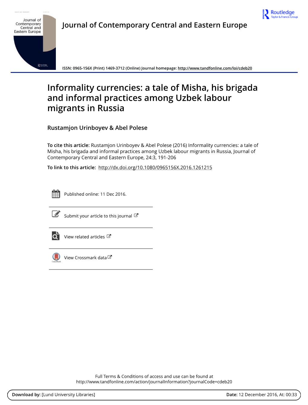 A Tale of Misha, His Brigada and Informal Practices Among Uzbek Labour Migrants in Russia