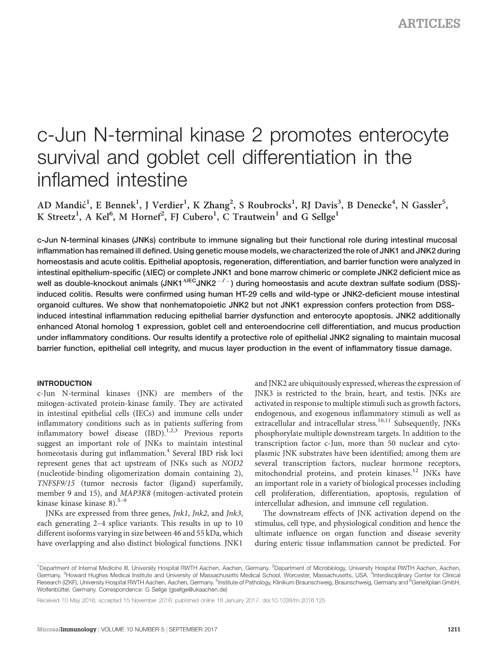 C-Jun N-Terminal Kinase 2 Promotes Enterocyte Survival and Goblet Cell Differentiation in the Inflamed Intestine
