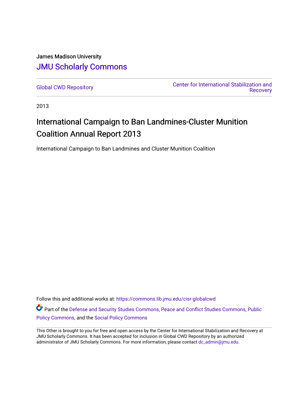 International Campaign to Ban Landmines-Cluster Munition Coalition Annual Report 2013