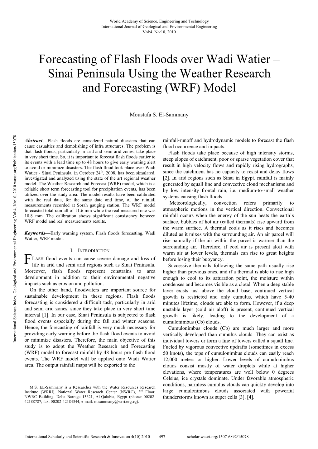 Forecasting of Flash Floods Over Wadi Watier – Sinai Peninsula Using the Weather Research and Forecasting (WRF) Model