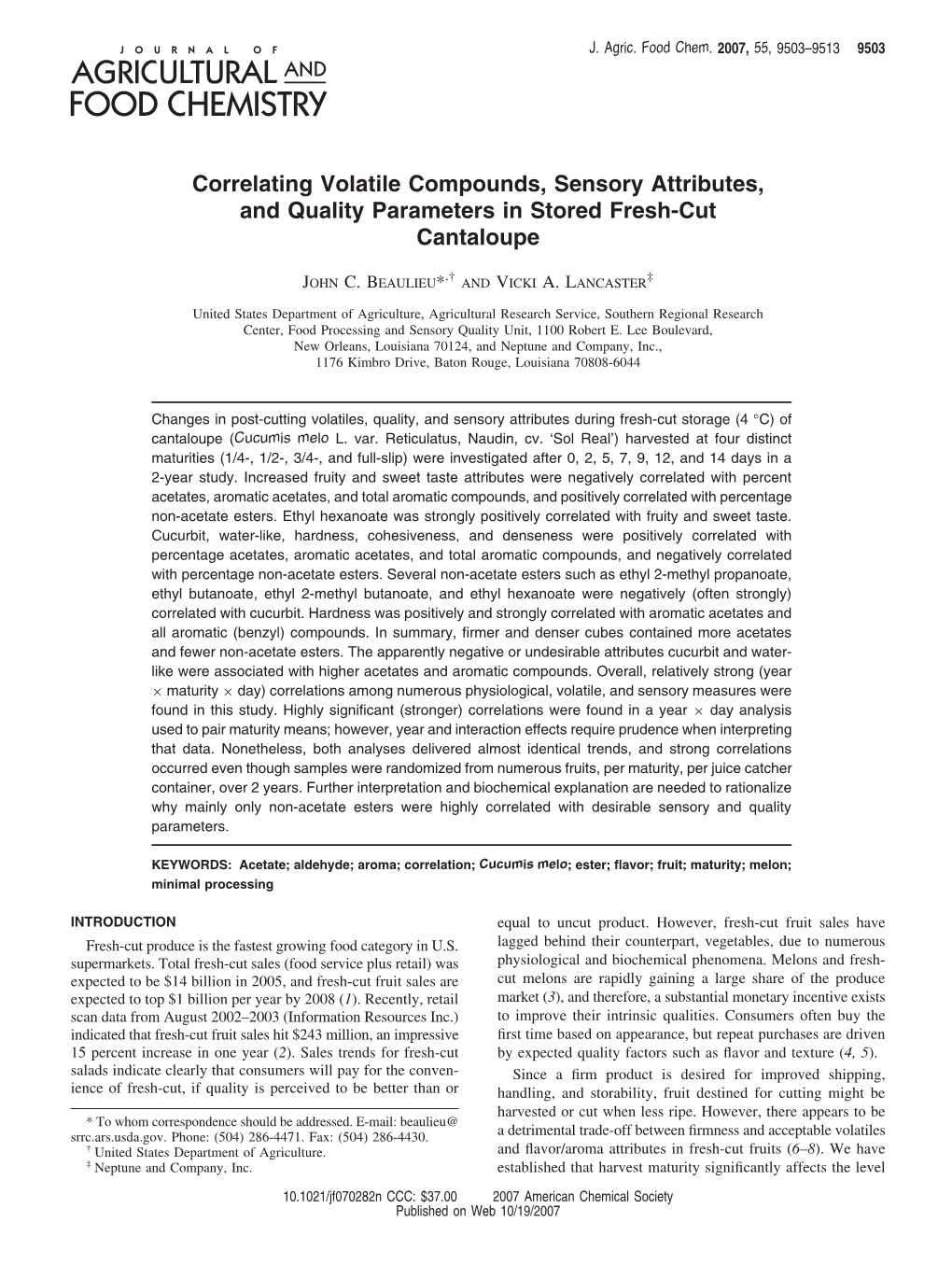 Correlating Volatile Compounds, Sensory Attributes, and Quality Parameters in Stored Fresh-Cut Cantaloupe