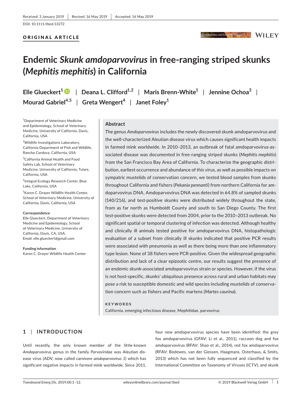 Endemic Skunk Amdoparvovirus in Free‐Ranging Striped Skunks (Mephitis Mephitis) in California