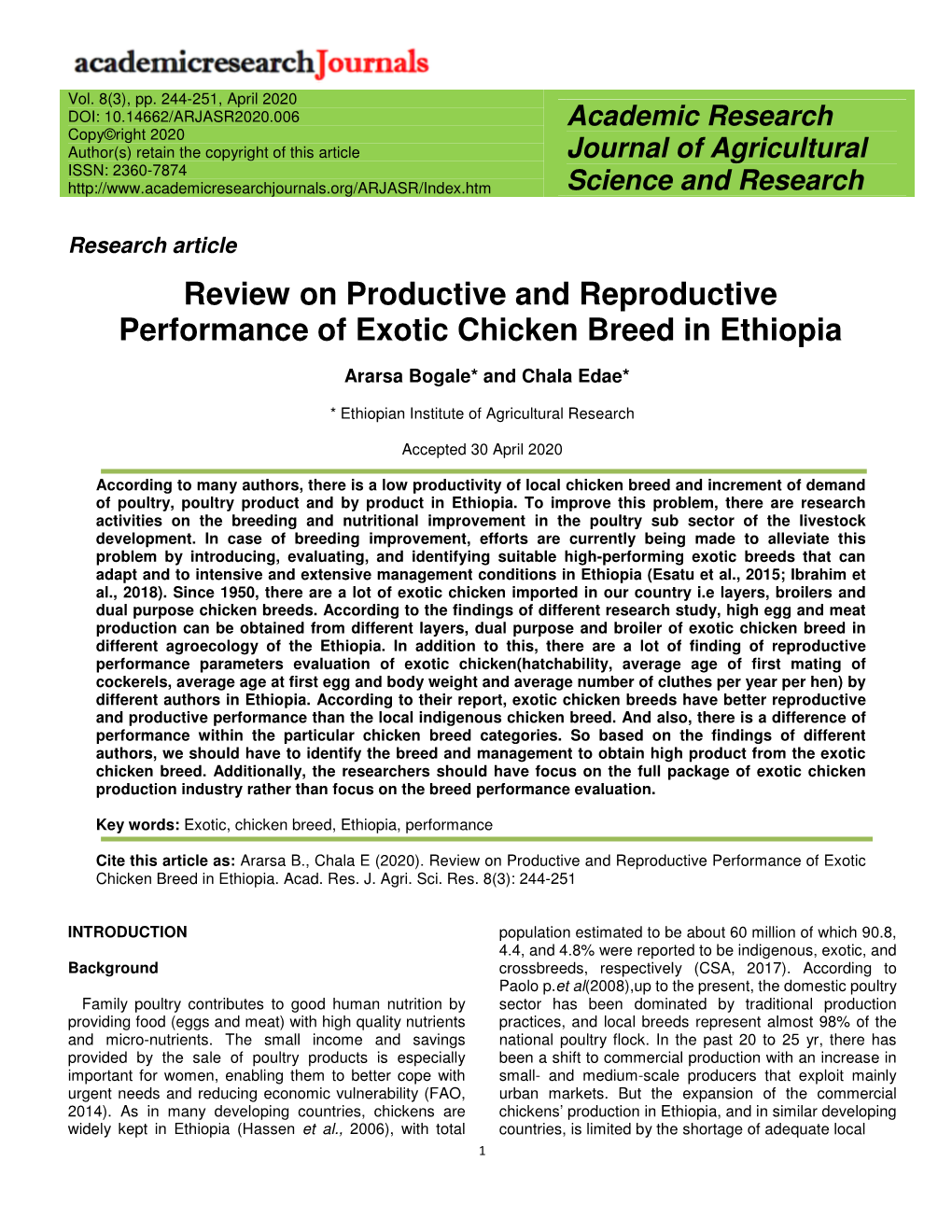 Review on Productive and Reproductive Performance of Exotic Chicken Breed in Ethiopia