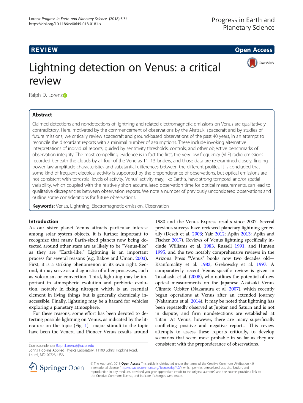 Lightning Detection on Venus: a Critical Review Ralph D