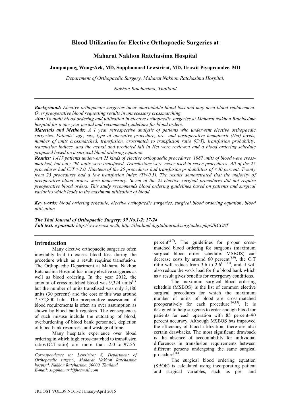 Blood Utilization for Elective Orthopaedic Surgeries at Maharat