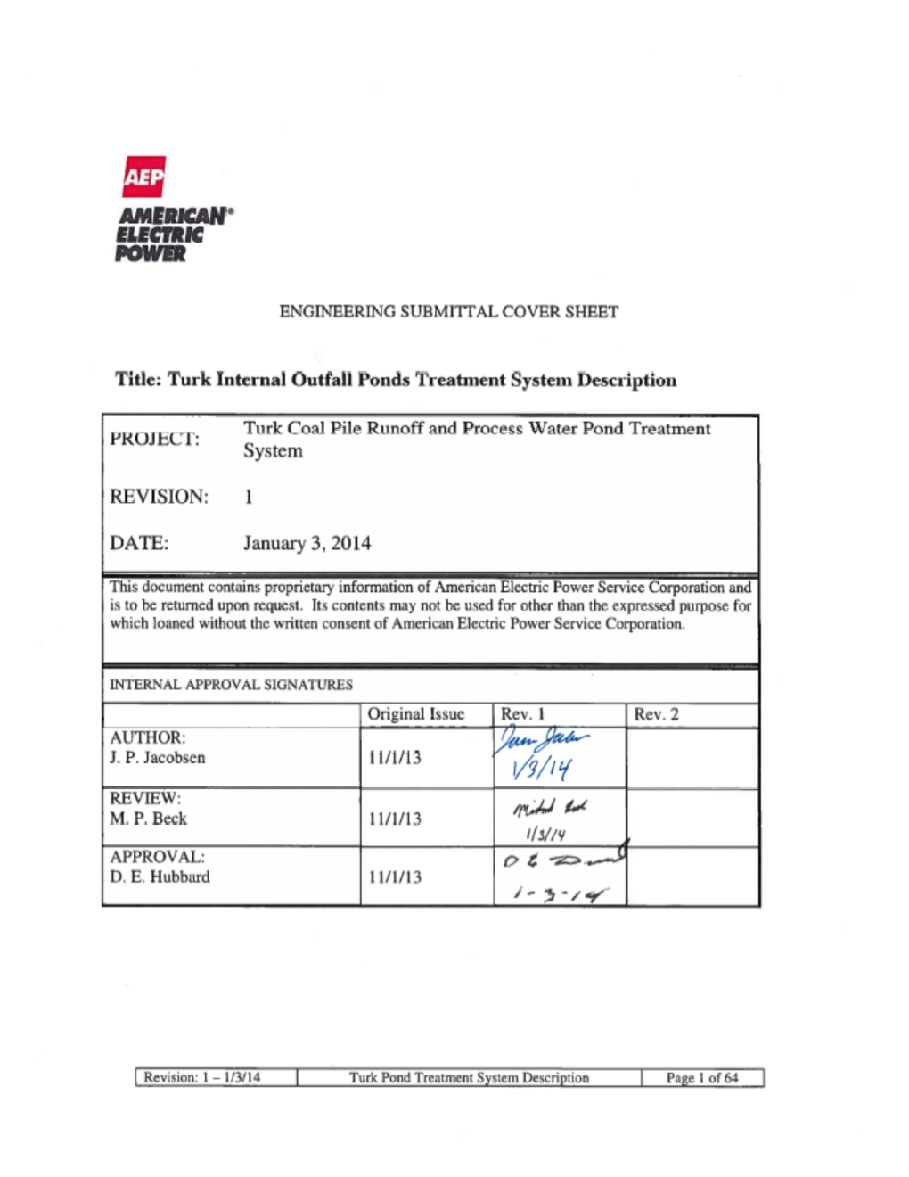 1/3/14 Turk Pond Treatment System Description Page 1 of 64