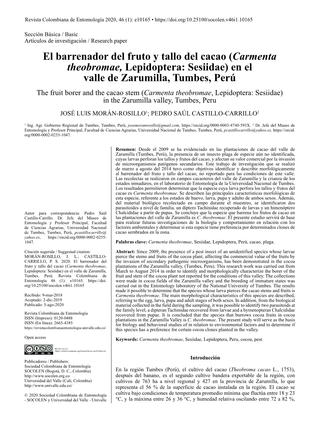 El Barrenador Del Fruto Y Tallo Del Cacao (Carmenta Theobromae, Lepidoptera: Sesiidae) En El Valle De Zarumilla, Tumbes, Perú