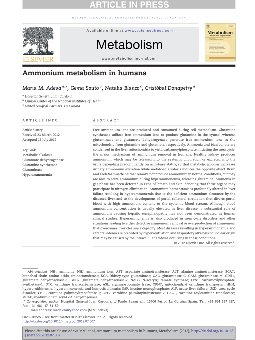 Ammonium Metabolism in Humans