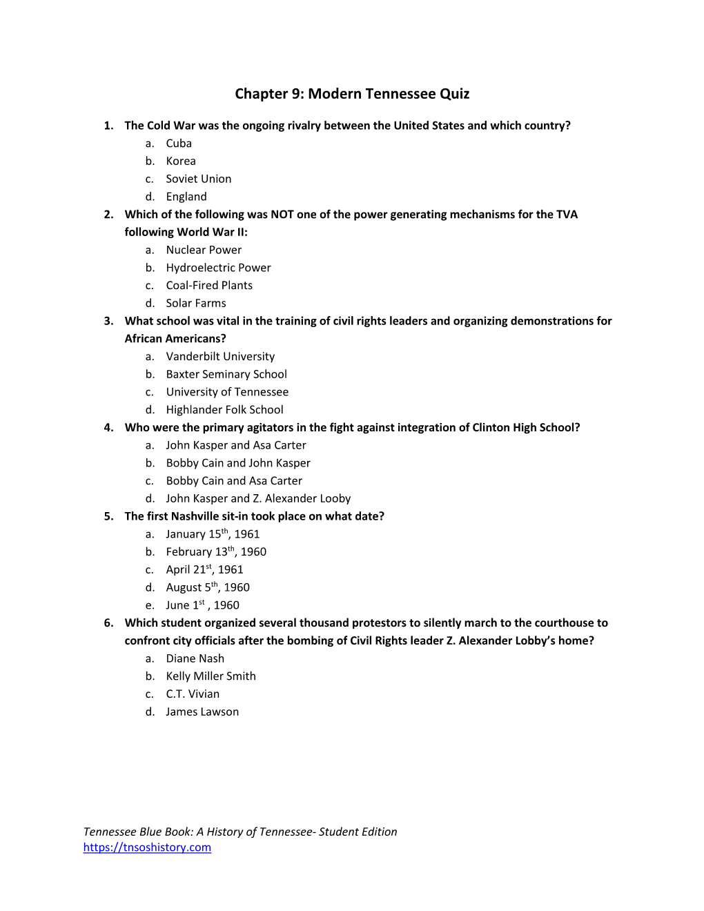 Chapter 9: Modern Tennessee Quiz