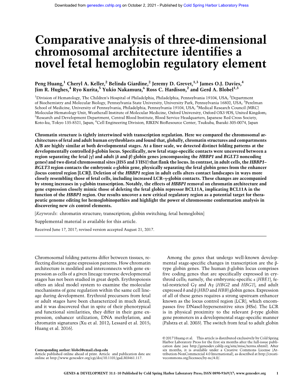 Comparative Analysis of Three-Dimensional Chromosomal Architecture Identifies a Novel Fetal Hemoglobin Regulatory Element