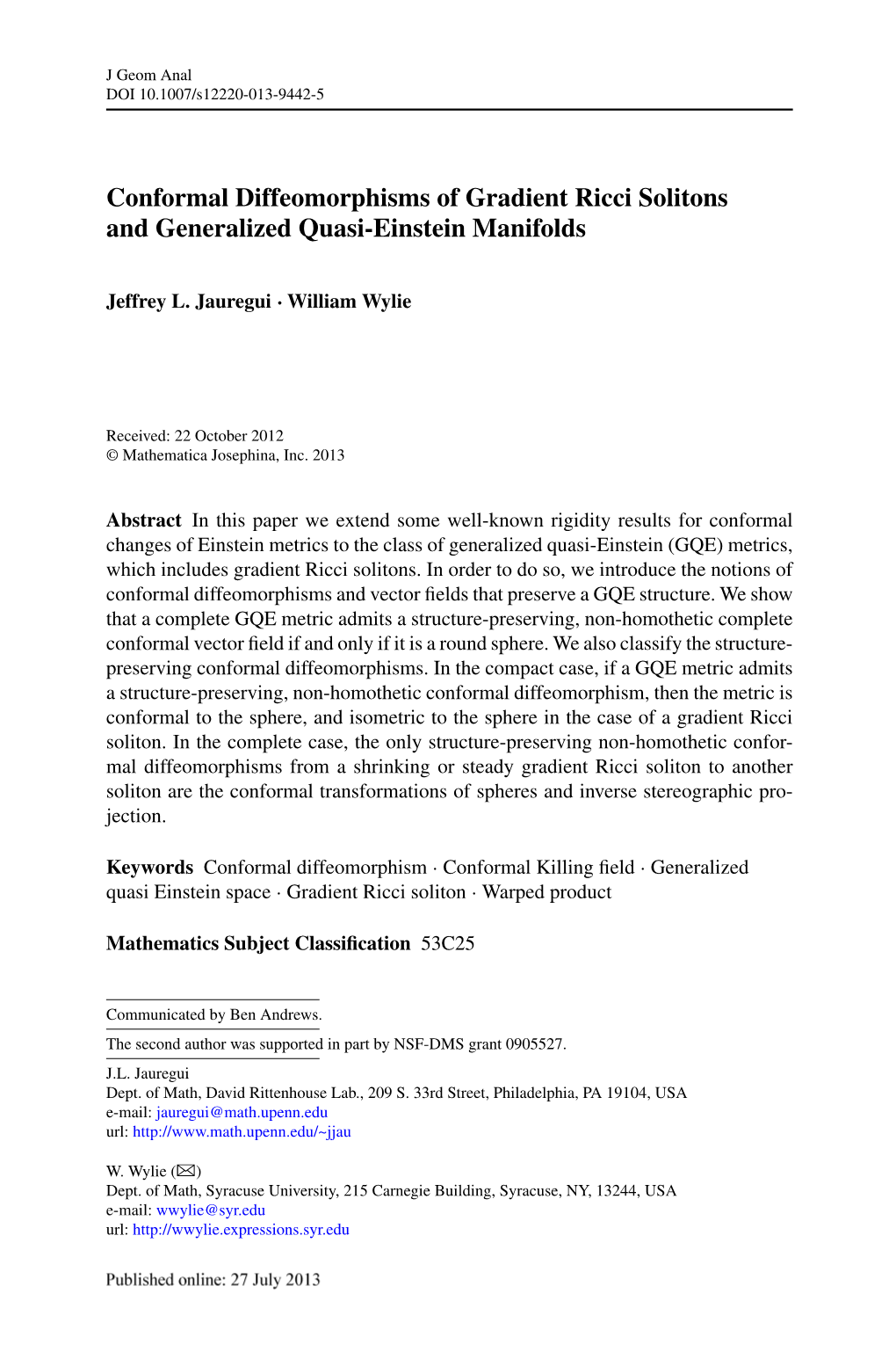 Conformal Diffeomorphisms of Gradient Ricci Solitons and Generalized Quasi-Einstein Manifolds