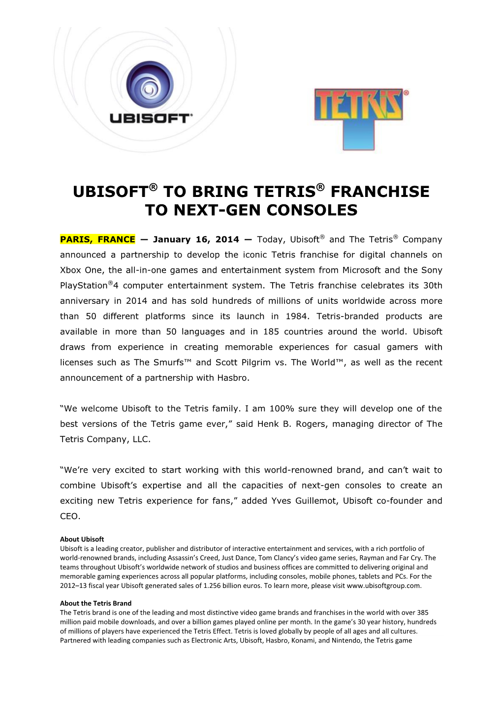Ubisoft® to Bring Tetris® Franchise to Next-Gen Consoles