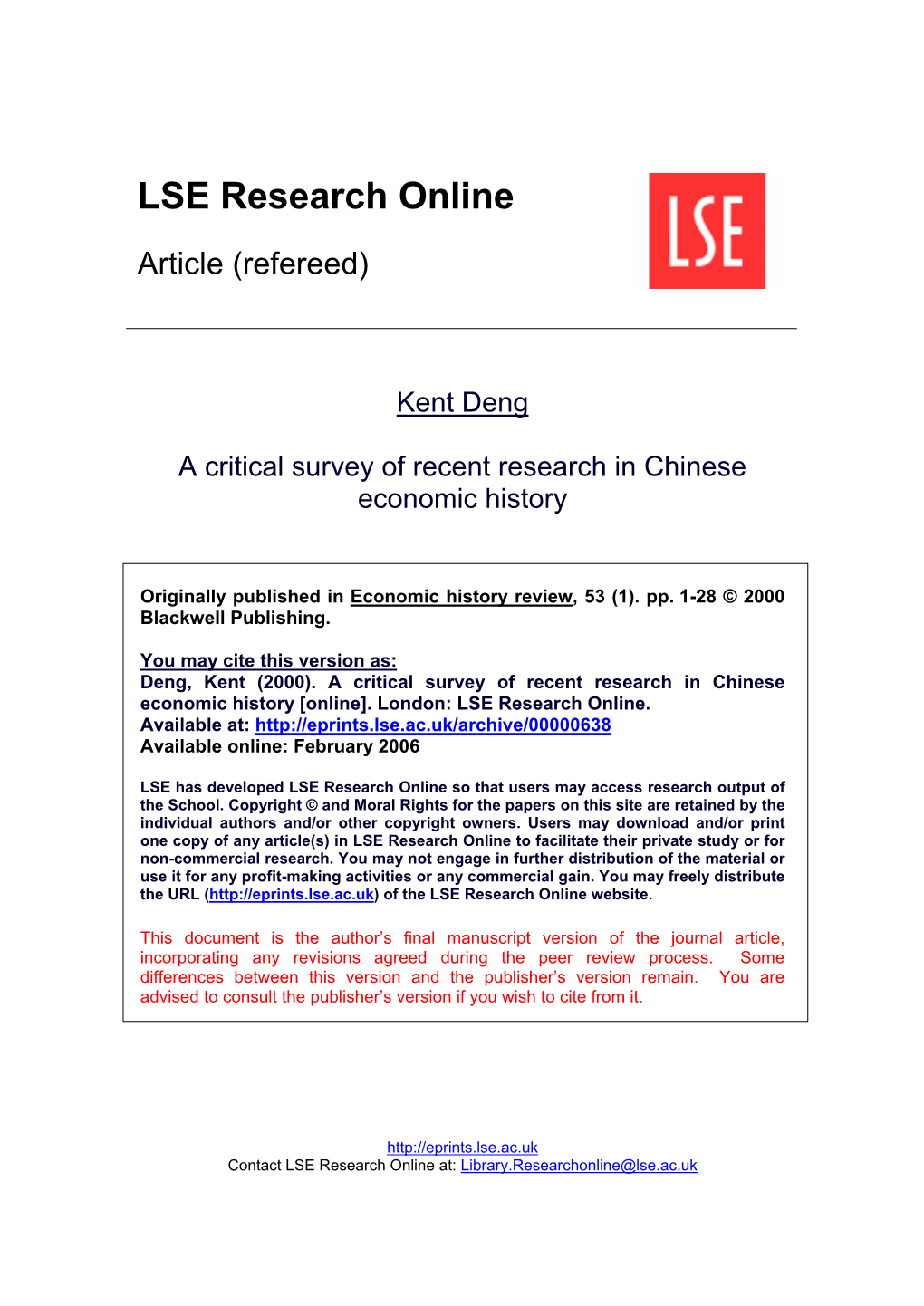 Surveys in Bibliography of Chinese Economic History and Criticism*