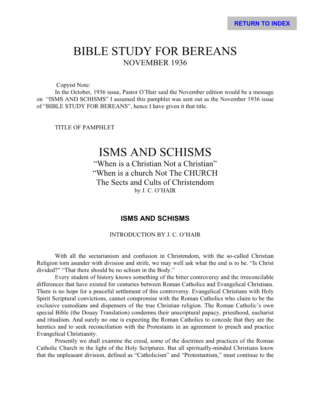 Bible Study for Bereans Isms and Schisms