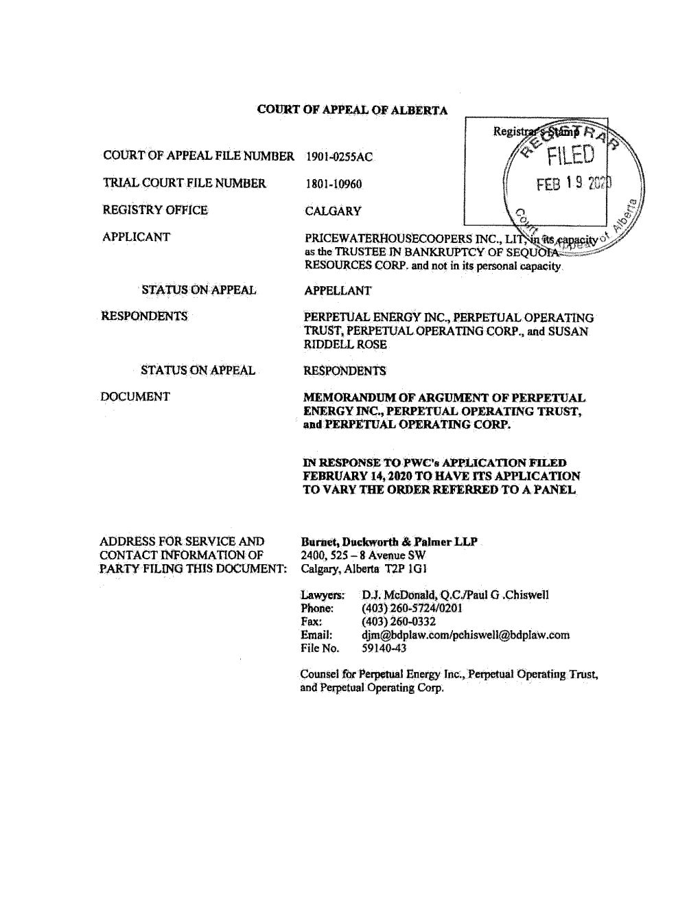 Memorandum of Argument of Perpetual Energy Inc. Et. Al. Filed