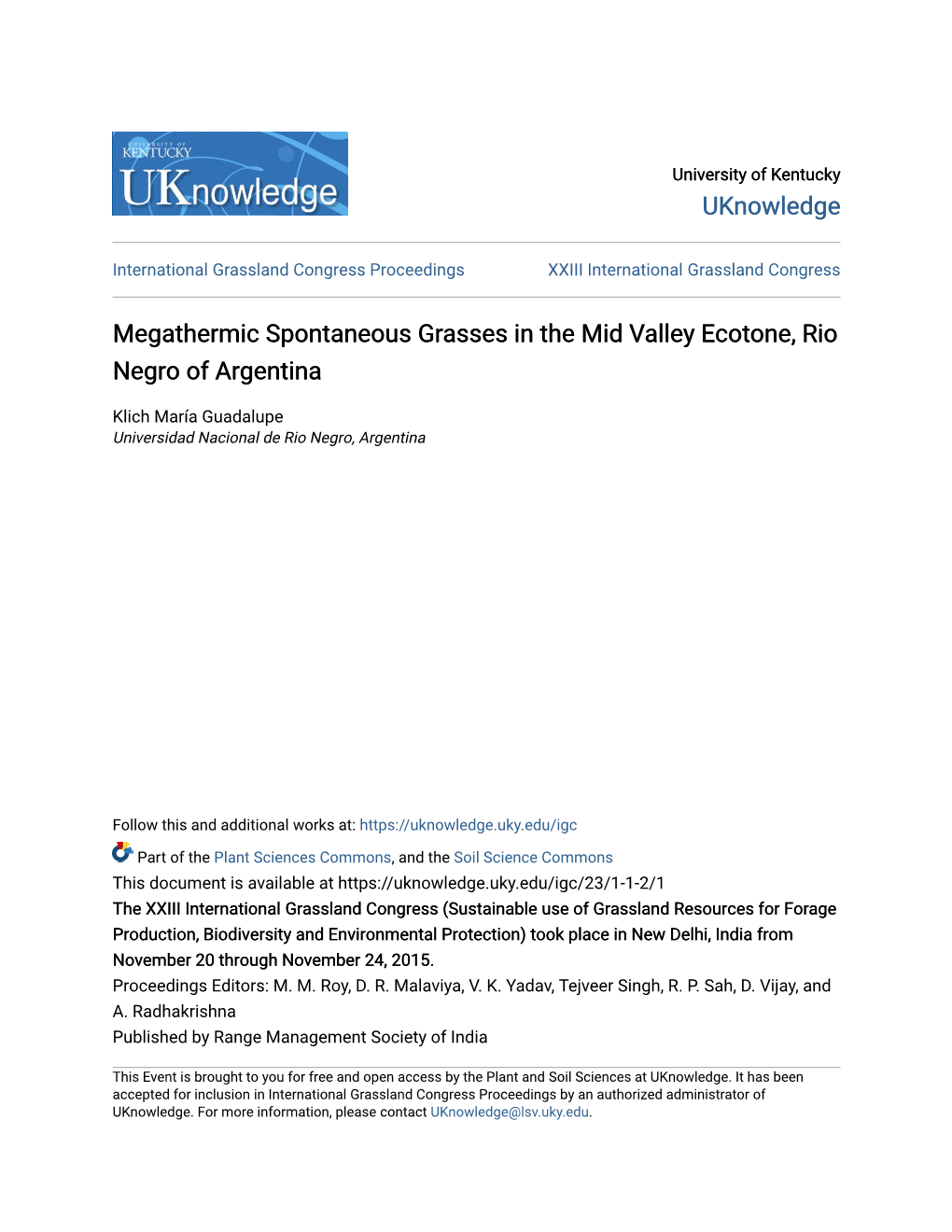 Megathermic Spontaneous Grasses in the Mid Valley Ecotone, Rio Negro of Argentina