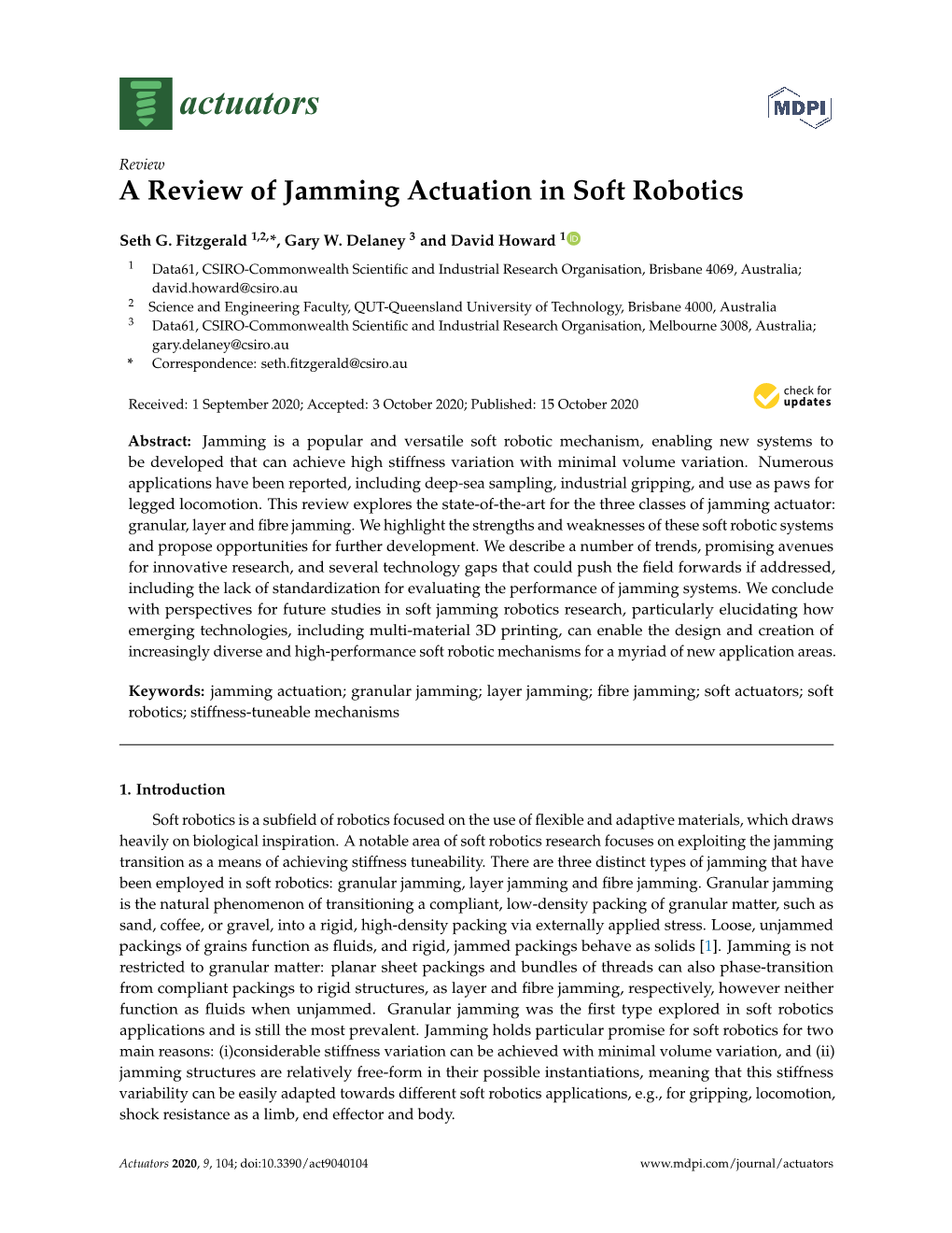 A Review of Jamming Actuation in Soft Robotics