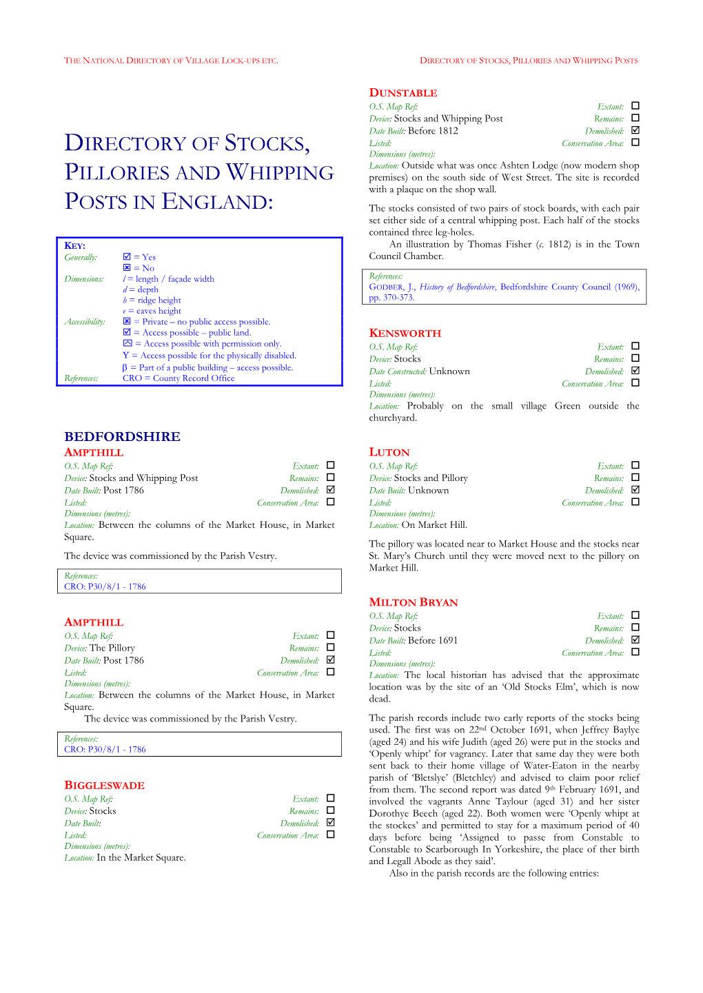 Directory of Stocks, Pillories and Whipping Posts in England